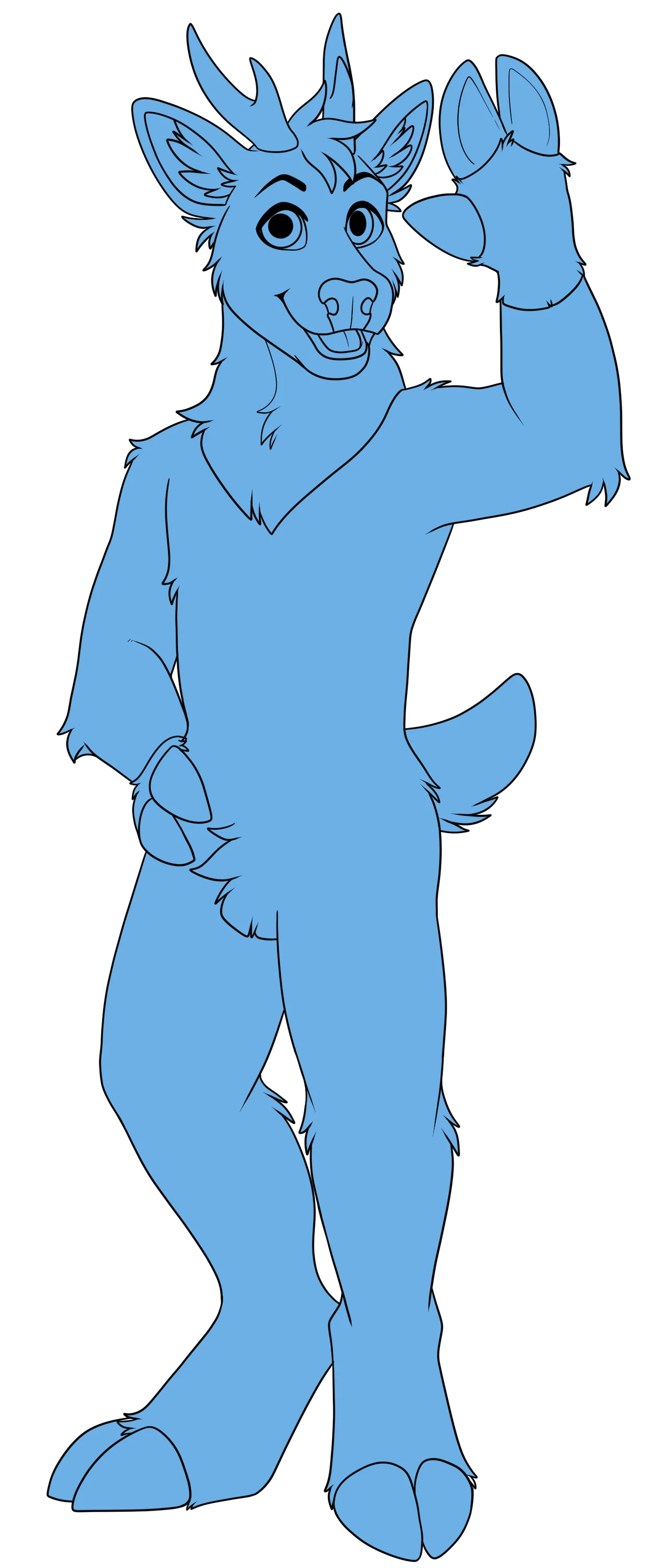 White mannequin, posing with right hand on hip and left hand waving. Wearing a full blue digitigrade (with leg padding) fursuit.